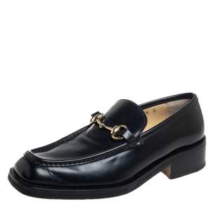 Pre Owned Gucci Black Leather Horsebit Square Toe Slip On Loafers Size 40.5