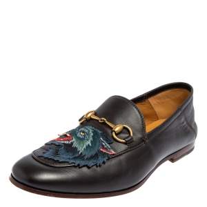 Pre Owned حذاء لوفرز غوتشي هورسبيت أبليك ولف بريكستون جلد بني داكن مقاس 40