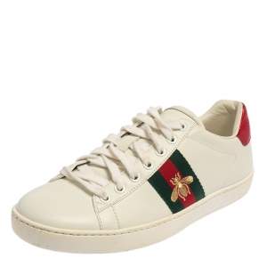 Pre Owned Gucci White Leather And Canvas Ace Bee Sneakers Size 37