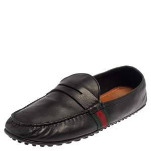 Gucci Black Leather Web Detail Loafers Size 45.5