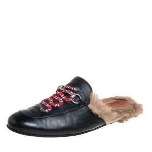 Pre Owned Gucci Black Snake Embroidered Leather and Fur Lined Princetown Mules Size 45