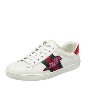 Gucci White Leather And Canvas Crystal Embellished Lightning Bolt Ace Low Top Sneakers Size 43.5