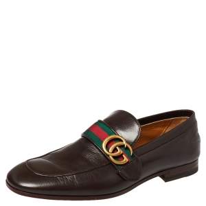 Pre Owned Gucci Brown Leather GG Web Loafer Size 40