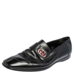 Gucci Black Leather Interlocking GG Loafers Size 41