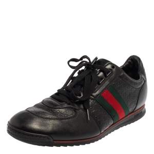 Gucci Black Guccissima Leather Web Low Top Sneakers Size 43.5