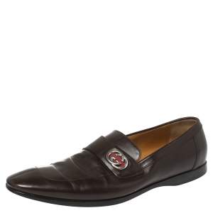 Gucci Brown Leather GG Slip On Loafers Size 43
