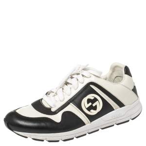 Gucci Black/White Leather Interlocking GG Lace Up Low Top Sneakers Size 40.5