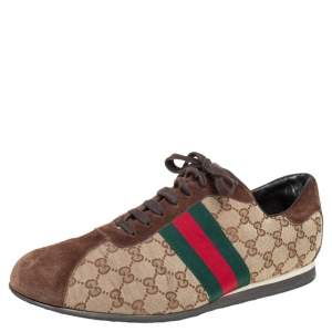 Gucci Beige/Brown GG Canvas and Suede Classic Web Low Top Sneakers Size 46.5