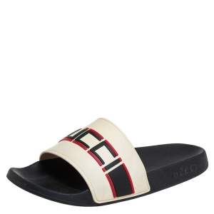 Gucci Ivory White Rubber Gucci Stripe Logo Flat Sides Size 42