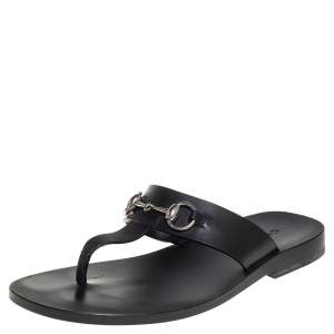 Pre Owned Gucci Black Leather Marcy Thong Flats Size 41
