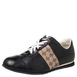 Gucci Black/Beige Leather And Canvas Low Top Sneakers Size 45