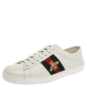 Gucci White Leather Ace Bee Embroidered Web Low Top Sneakers Size 40
