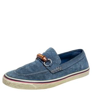 Gucci Blue Guccissima Suede Bamboo Icon Bit Slip On Sneakers Size 43.5