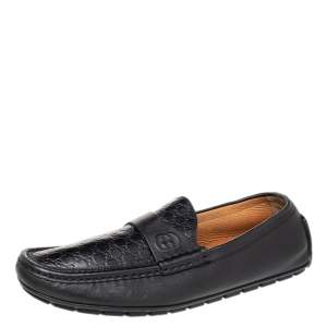 Gucci Black Guccissima Leather GG Slip On Loafers Size 43