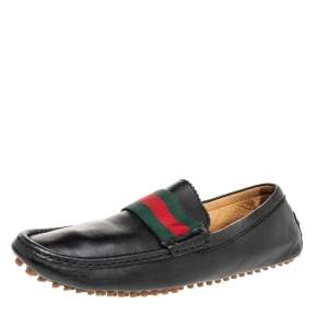 Gucci Black Leather Web Trim Slip On Loafers Size 42