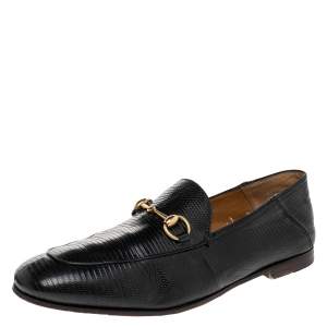 Gucci Black Lizard Embossed Leather Horsebit Slip On Loafers Size 44