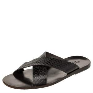 Pre Owned Gucci Dark Brown Diamante Leather Criss Cross Flat Slides Size 45