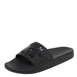 Pre Owned Gucci Black GG Cutout Rubber Pursuit Flat Slides Size 42
