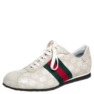 Gucci Off White Guccissima Leather and Suede Web Low Top  Sneakers Size 40