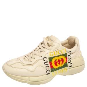 Gucci Cream Leather Rhyton Vintage Logo Low Top Sneakers Size 44