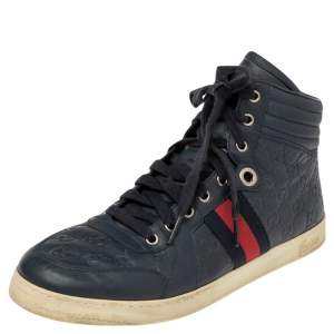 Gucci Navy Blue Guccissima Leather Web Detail High Top Sneakers Size 42