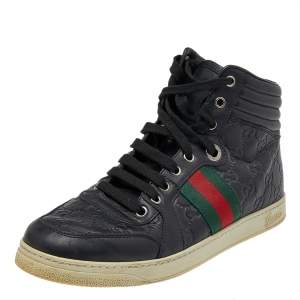 Pre Owned Gucci Black Guccissima Leather Web Detail High Top Sneakers Size 40.5