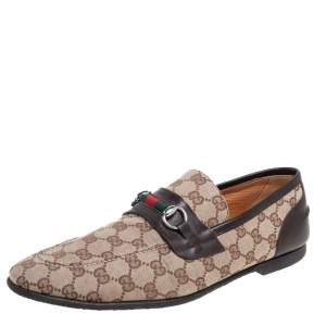 Gucci Brown/Beige GG Canvas And Leather Horsebit Web Slip On Loafers Size 44.5