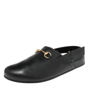 Gucci Black Leather River Sling Horsebit Mule Sandals Size 45