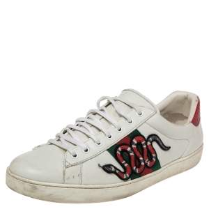 Gucci White Leather Ace Embroidered Snake Low Top Sneakers Size 44