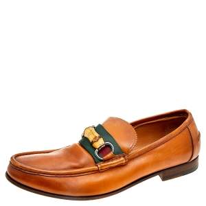 Gucci Brown Leather Bamboo Horsebit Slip On Loafers Size 41