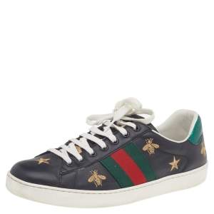 Gucci Black Bee & Star Embroidered Leather Ace Low Top Sneakers Size 41.5