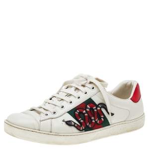 Gucci White Leather And Python Embossed Leather Ace Snake Embroidered Low Top Sneakers Size 41.5