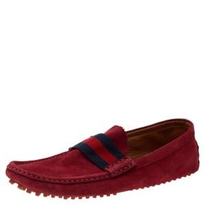 Pre Owned Gucci Red Suede Web Detail Slip On Loafers Size 44