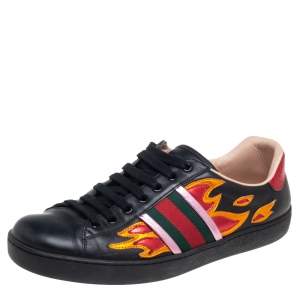 Gucci Black Leather And Snakeskin Embossed  Ace Low Top Sneakers Size 41