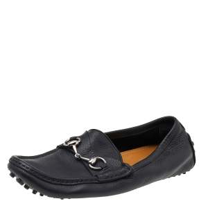 Pre Owned Gucci Black Leather Horsebit Slip On Loafers Size 40.5