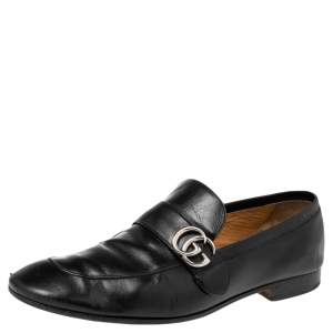 Pre Owned Gucci Black Leather GG Logo Slip On Loafers Size 45.5
