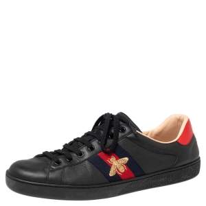 Gucci Black Leather And Python Embossed Leather Bee Ace Low Top Sneakers Size 45.5