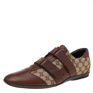 Gucci Brown/Beige Leather And GG Canvas Velcro Sneakers Size 48