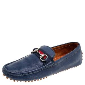 Gucci Blue Leather Horsebit Slip on Loafers Size 40