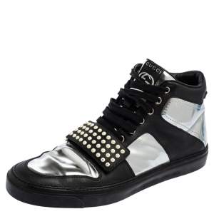 Gucci Black/Silver Leather Spike Limited Edition High-Top Sneakers Size 43