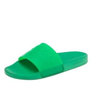 Gucci Green Rubber Logo Pursuit Slide Sandals Size 45