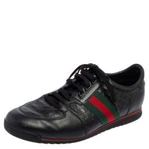 Gucci Black Guccissima Leather Web Low Top Sneakers Size 44.5