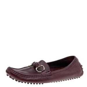Pre Owned Gucci Burgundy Leather Bamboo Horsebit Slip On Loafers Size 38