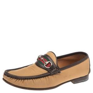 Gucci Beige/Brown Canvas And Leather Trim Web Horsebit Slip-On Moccasins Size 42
