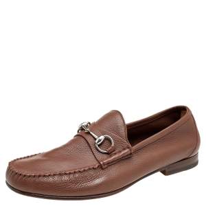 Pre Owned Gucci Brown Leather Horsebit Slip On Loafers Size 44