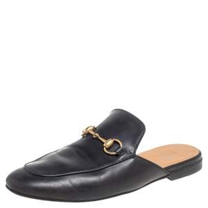 Pre Owned Gucci Black Leather Princetown Horsebit Mules Size 40.5