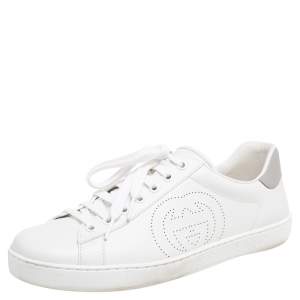 Gucci White Leather Interlocking G Ace Lace Up Sneakers Size 40