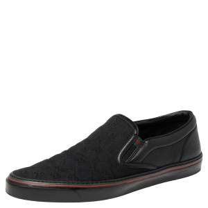 Pre Owned Gucci Black GG Canvas and Leather Slip-On Sneakers Size 44