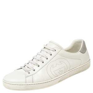 Gucci White Leather Interlocking G Ace Lace Up Sneakers Size 44