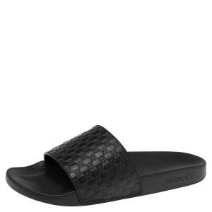 Gucci Black Guccissima Leather Flat Slides Size 41 